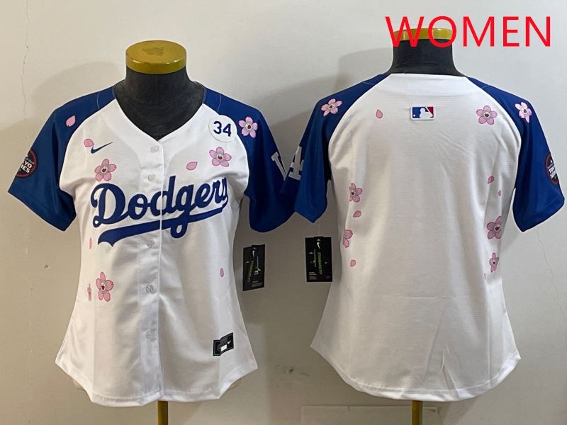Women Los Angeles Dodgers Blank White Blue Sakura Edition 2025 Nike MLB Jersey style 5->women mlb jersey->Women Jersey